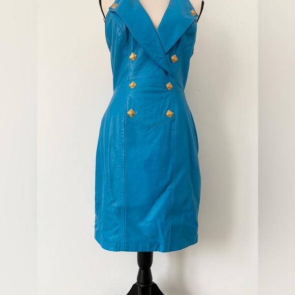 Michael Hoban North Beach Leather Vintage Blue Halter 1980’s Mini Dress Size 6 - Picture 2 of 16